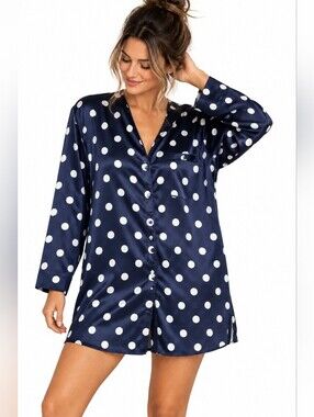 Vintage Nordstrom Satin Polka Dot Sleepshirt Shoulder Pads Nightshirt Large
